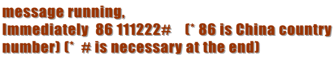 message running, Immediately  86 111222#    (* 86 is China country number) (*  # is necessary at the end)